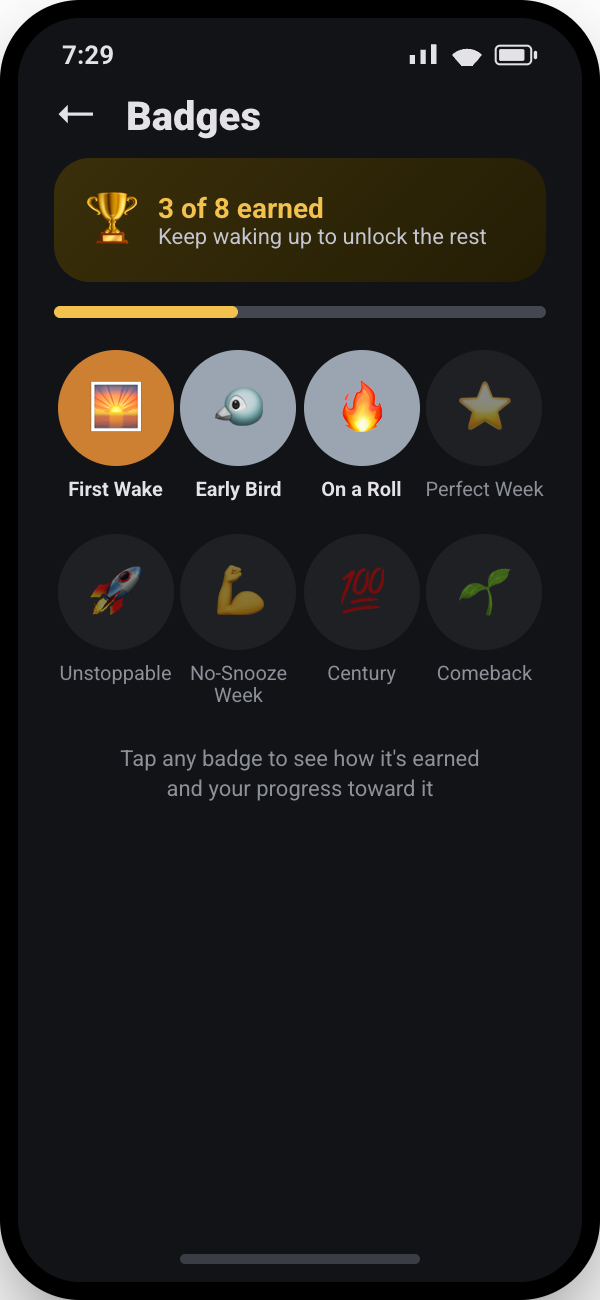 Rousr badges screen showing earned and locked achievements