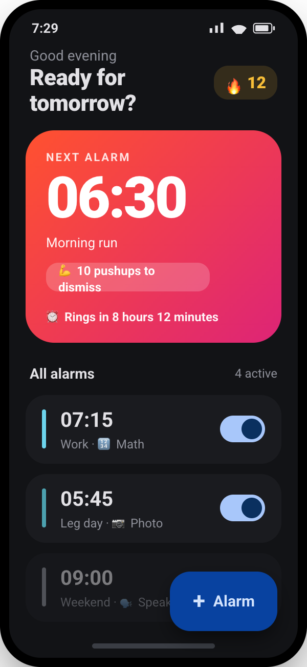 Rousr home screen showing upcoming alarms and the current streak
