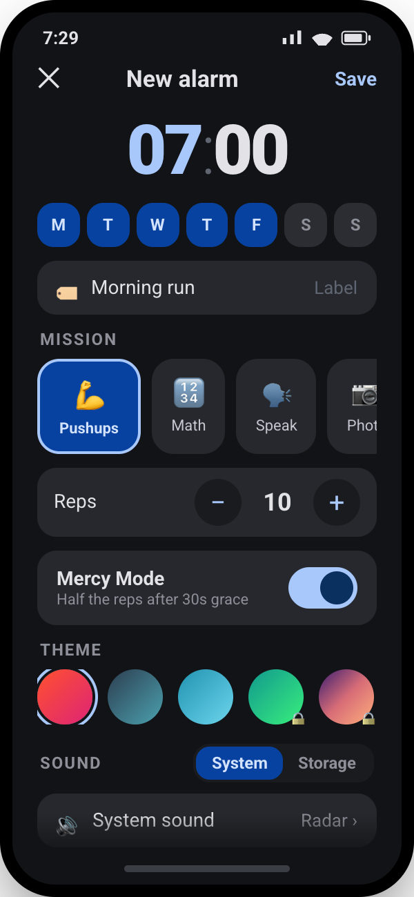 Alarm editor where the mission is chosen