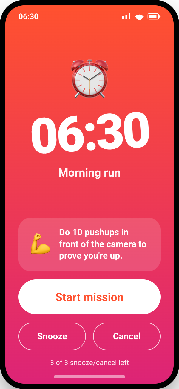 Rousr alarm ringing, asking for pushups to dismiss it